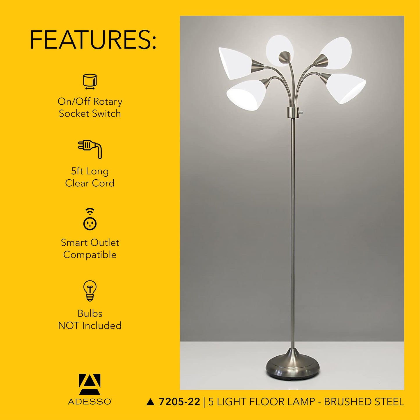 Adesso Floor Lamp with 5 Movable Shades & Adjustable Brightness, Brushed Steel Finish, Silver Perfect Lighting for Bedroom Decor, Beauty & Art Studio
