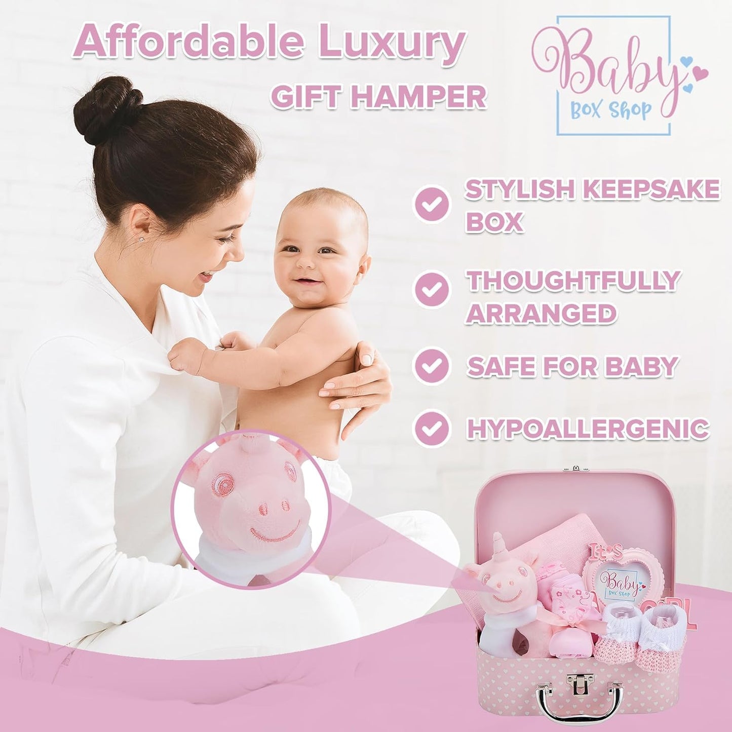 Baby Box Shop - Girl Gift Set, Newborn Essentials, Baby Shower Gifts for Girls, Keepsake Box with Pink Unicorn Rattle, Bib, Booties, Mittens, Hat, Photo Frame & Muslin Cloth - Premium Baby Hamper