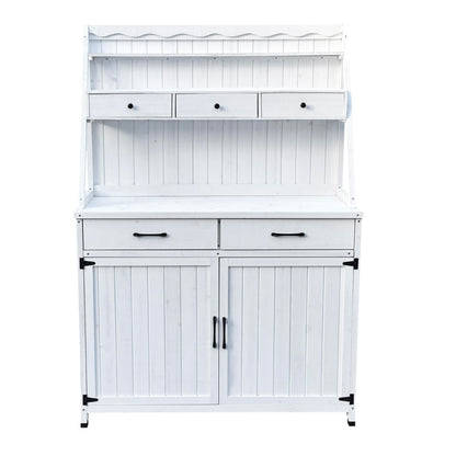 GDFStudio Farmhouse Outdoor Storage Bench Table with Cabinet, Fir Wood Potting Bench Plant Bench, Large Garden Storage Work Bench with Drawers Removable Shelf for Backyard Patio Greenhouse, White