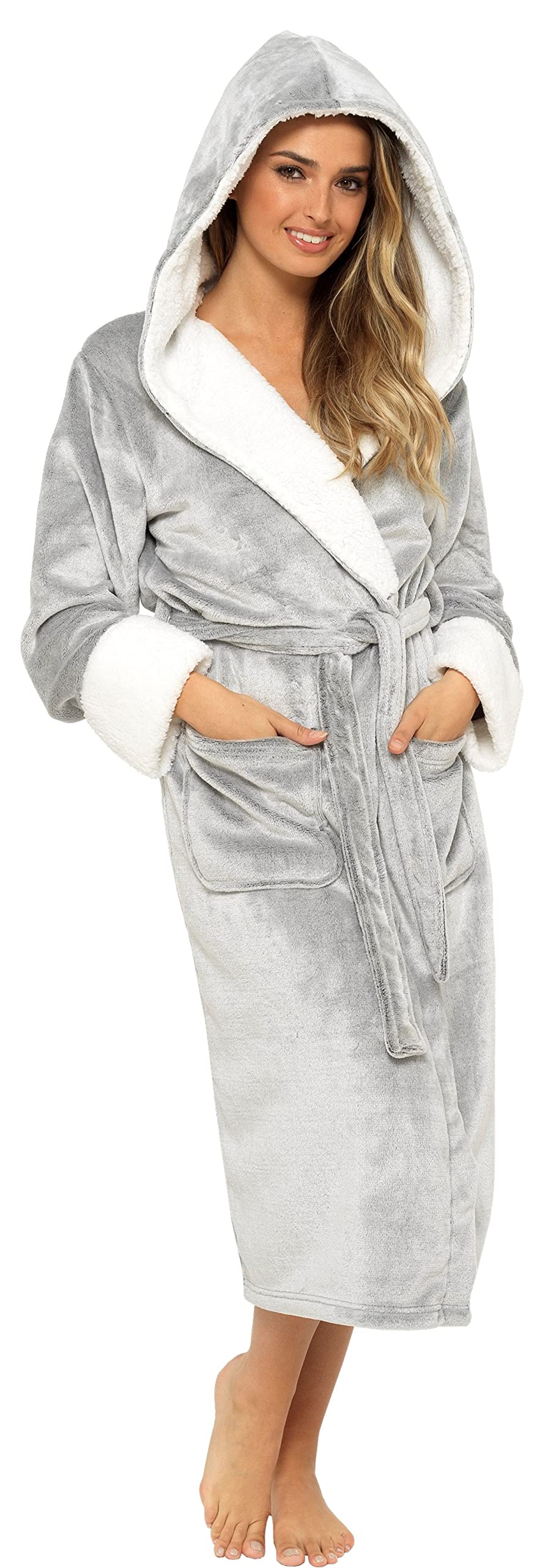 KATE MORGAN Ladies Dressing Gown Fluffy Super Soft Hooded Bathrobe for Women Plush Fleece Perfect Loungewear Long Robe | Gifts for Women 16-18 Grey Shimmer