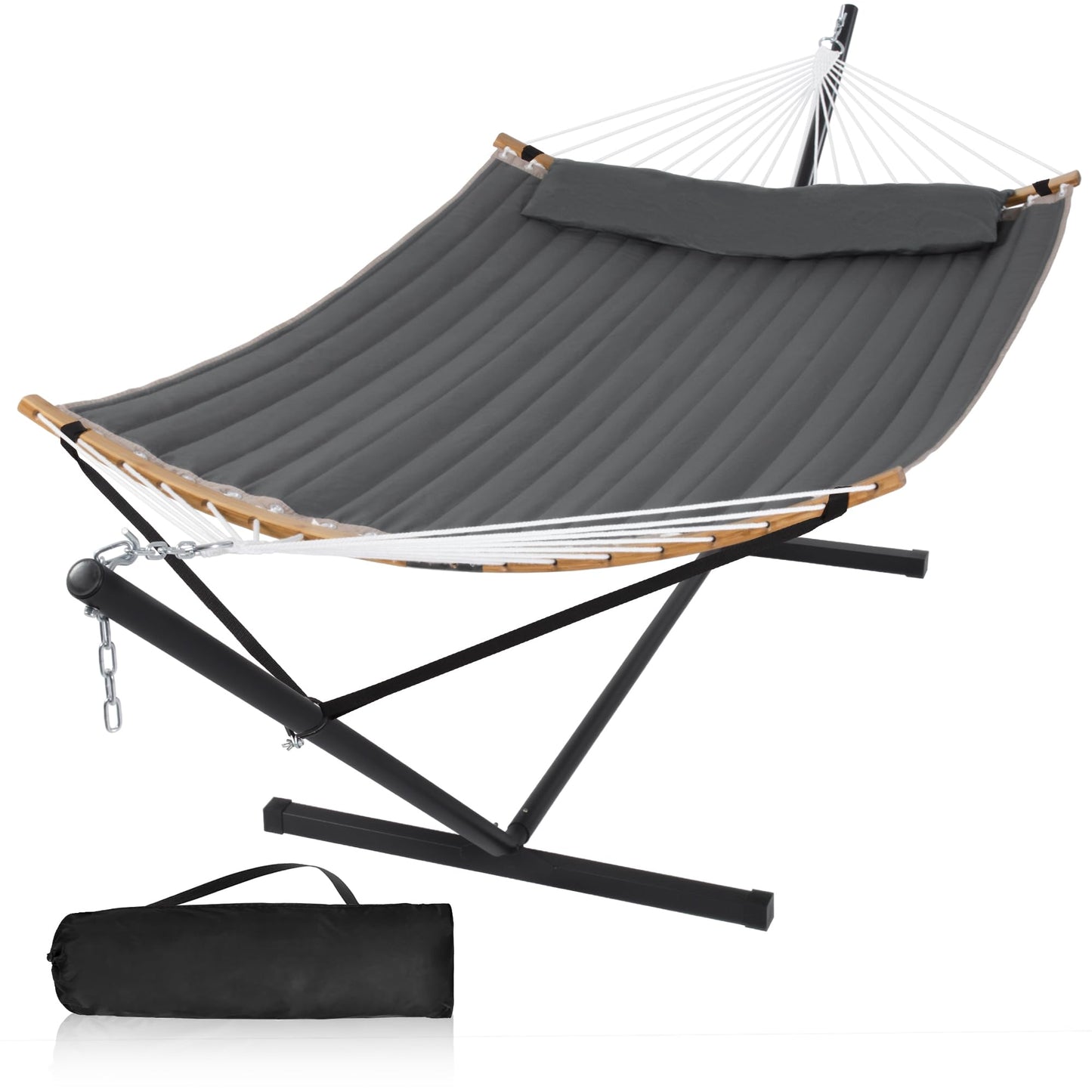 Mansion Home 55in Hammock with Stand, Heavy Duty Hammock with Stand Included, Two Person Hammock with Curved Spreader Bar, Pillow and Portable Bag, 450 Lbs Capacity, Dark Gray