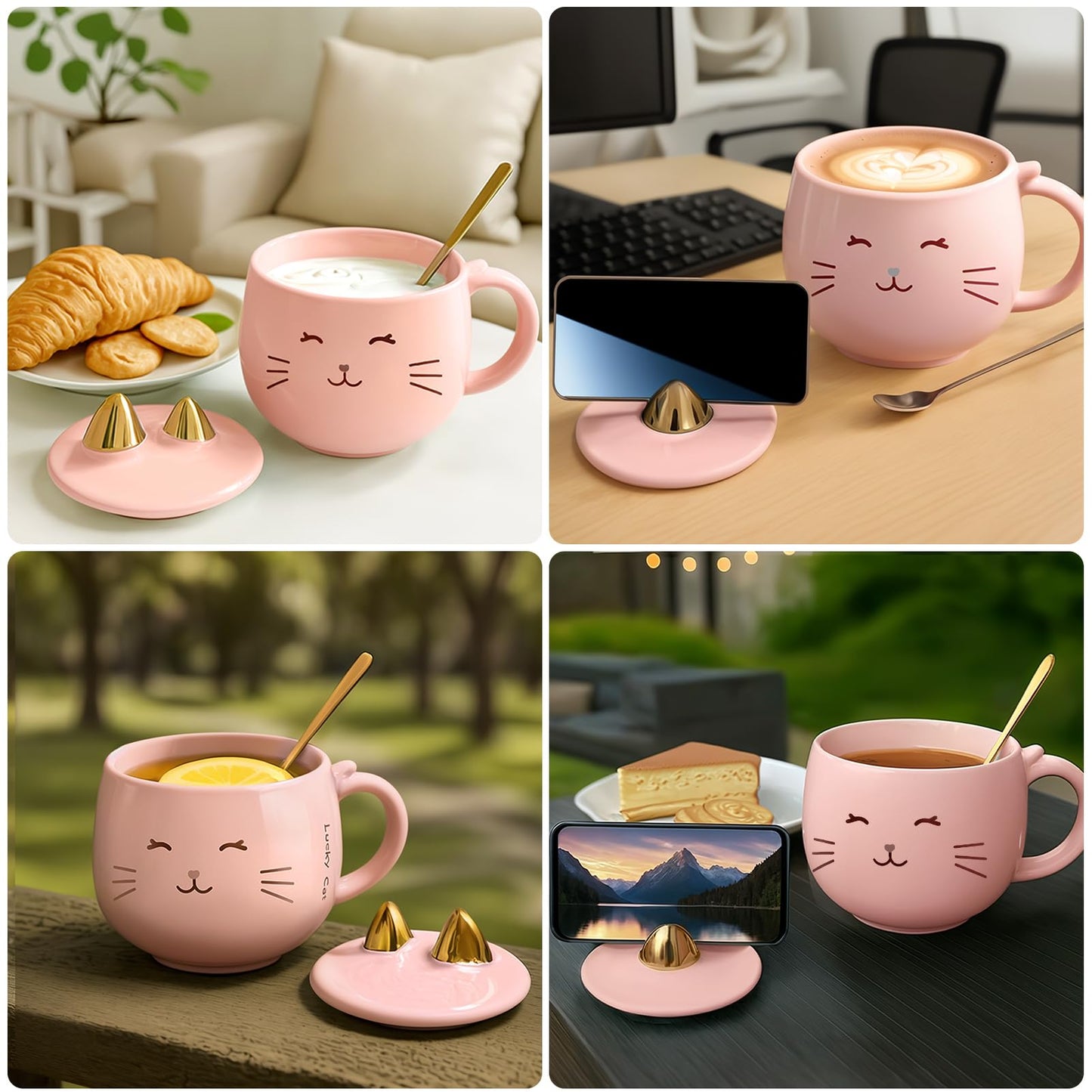 Yuwu Cat Ceramic Coffee Mug with Spoon & Lid, 13.5 oz Novelty Mug with Phone Stand Lid, Kawaii Tea Cup for Women & Cat Enthusiasts