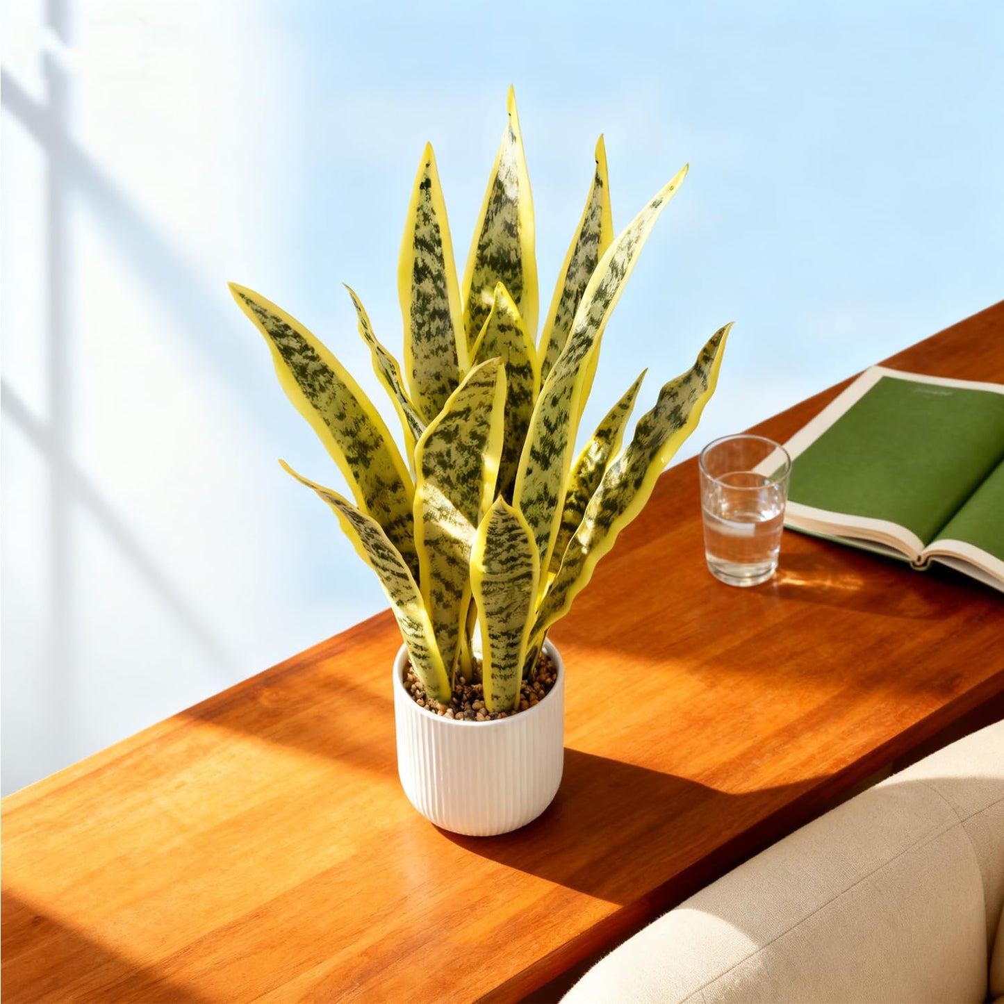 DUZYXI Artificial Realistic Snake Plant 21.5" with White Pot Fake Snake Plants Sansevieria Greenery Faux Snake Plant for Home Office Living Room Housewarming Gifts Indoor Decor-LightYellow