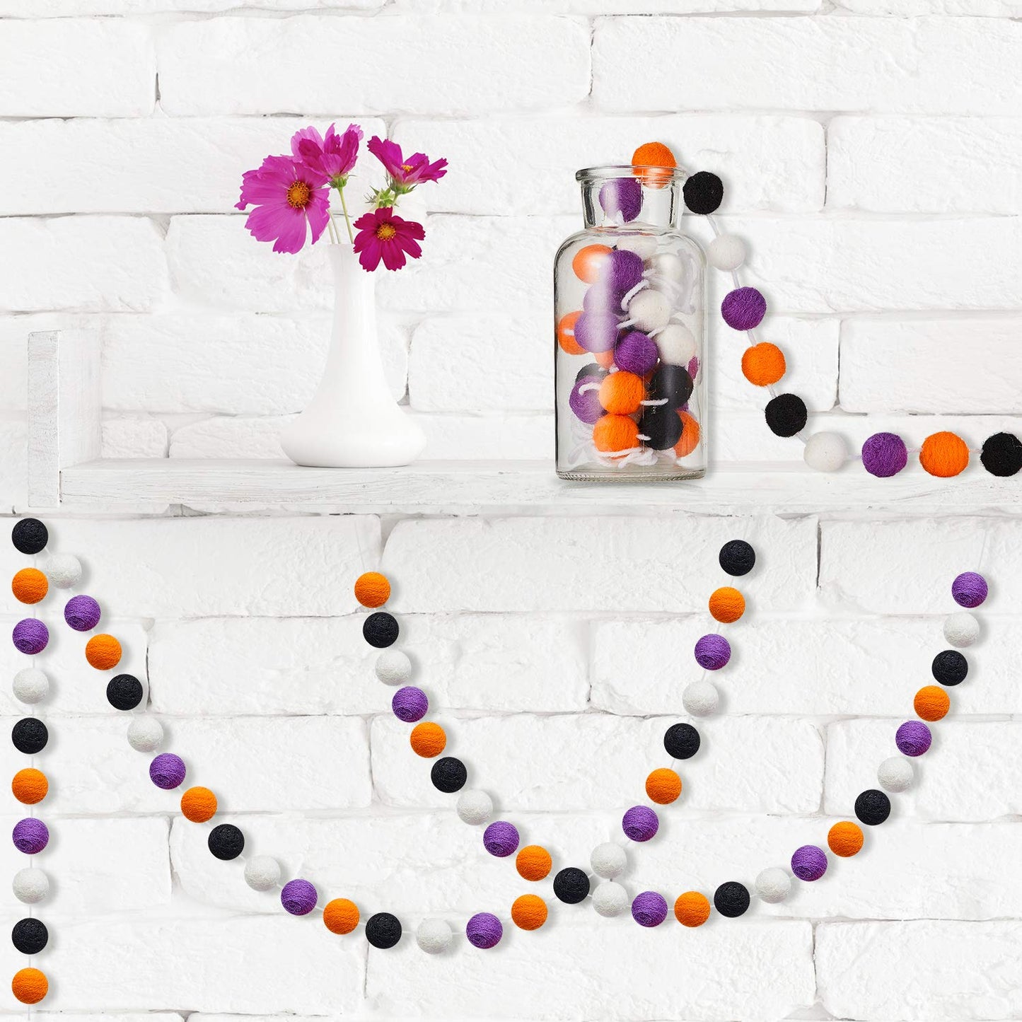 WILLBOND 2 Pieces Wool Felt Rainbow Ball Garland Colorful Pom Pom 6.5 ft Long 24 Ball Garland for Easter Mardi Gras Classroom Halloween Thanksgiving Xmas (Orange,White,Black,Purple)