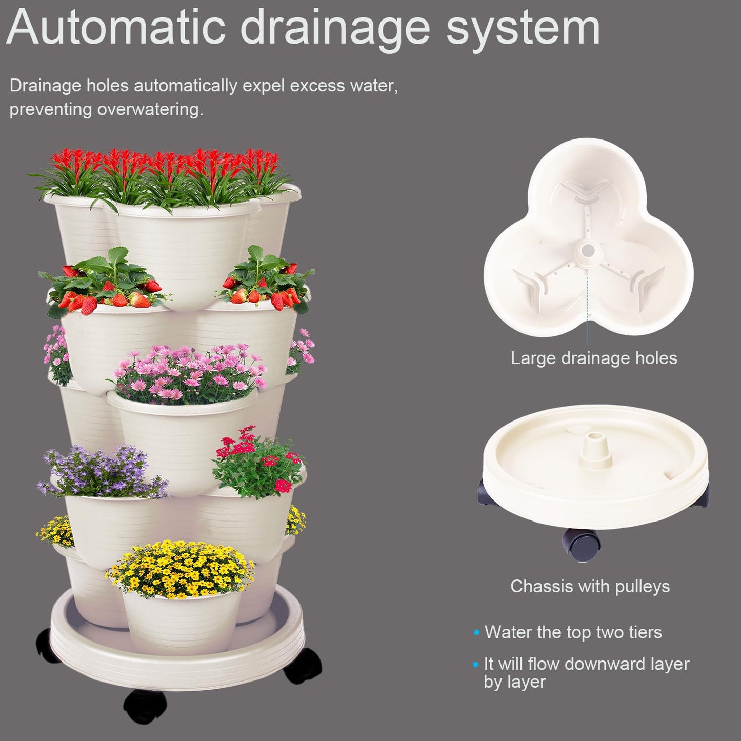 Pinky Family 5-Tier Vertical Garden Tower Stackable Planter for Strawberries, Flowers, Vegetables & Herbs Beige