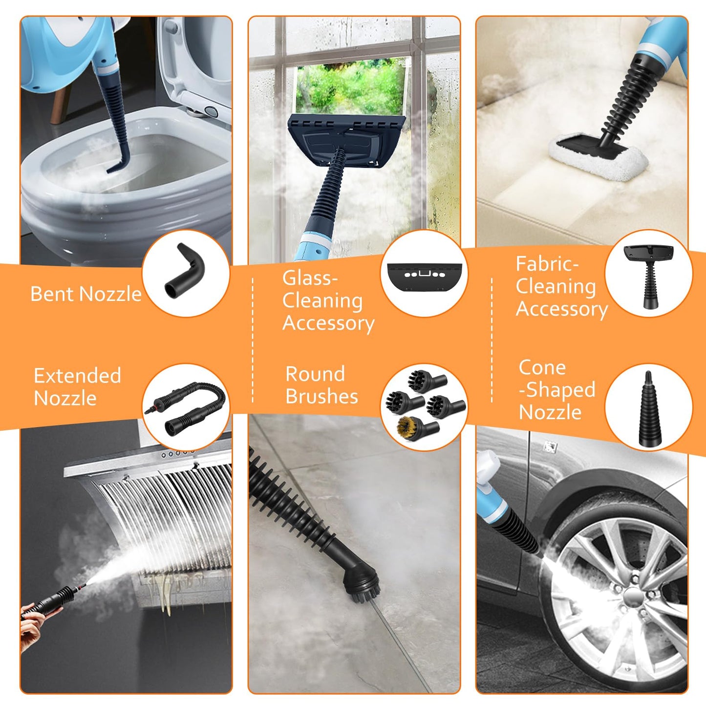 Pressurized Handheld Multi-Surface Natural Steam Cleaner with 12 pcs Accessories, Multi-Purpose Steamer for Home Use, Steamer for Cleaning Floor, Upholstery, Grout and Car (Grey)