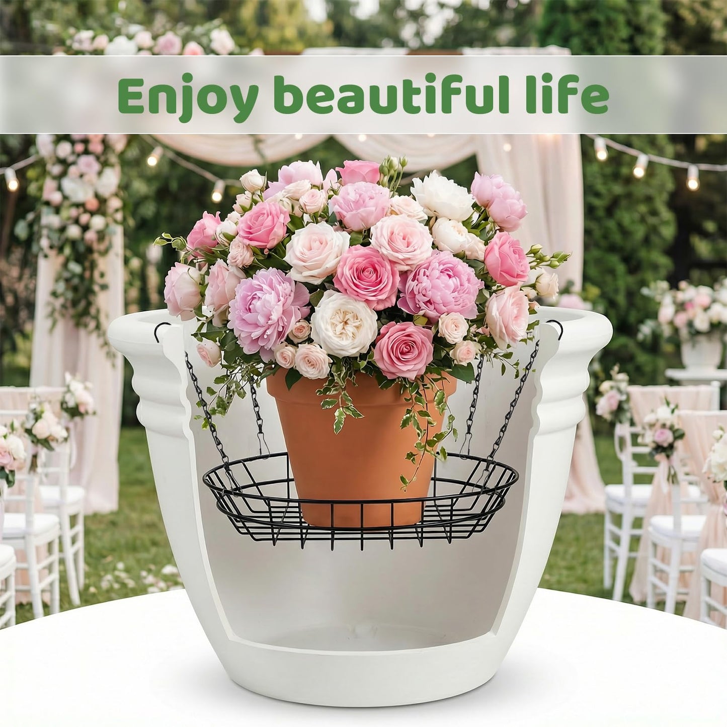 REDPOPO Adjustable Planter Insert for Large Pots 12-18 Inch, Stainless Steel Plant Riser with 4 S Hooks & Chains, Pot Filler for Tall Planters to Reduce Soil,Rust Proof Plant Pot Riser for Pots