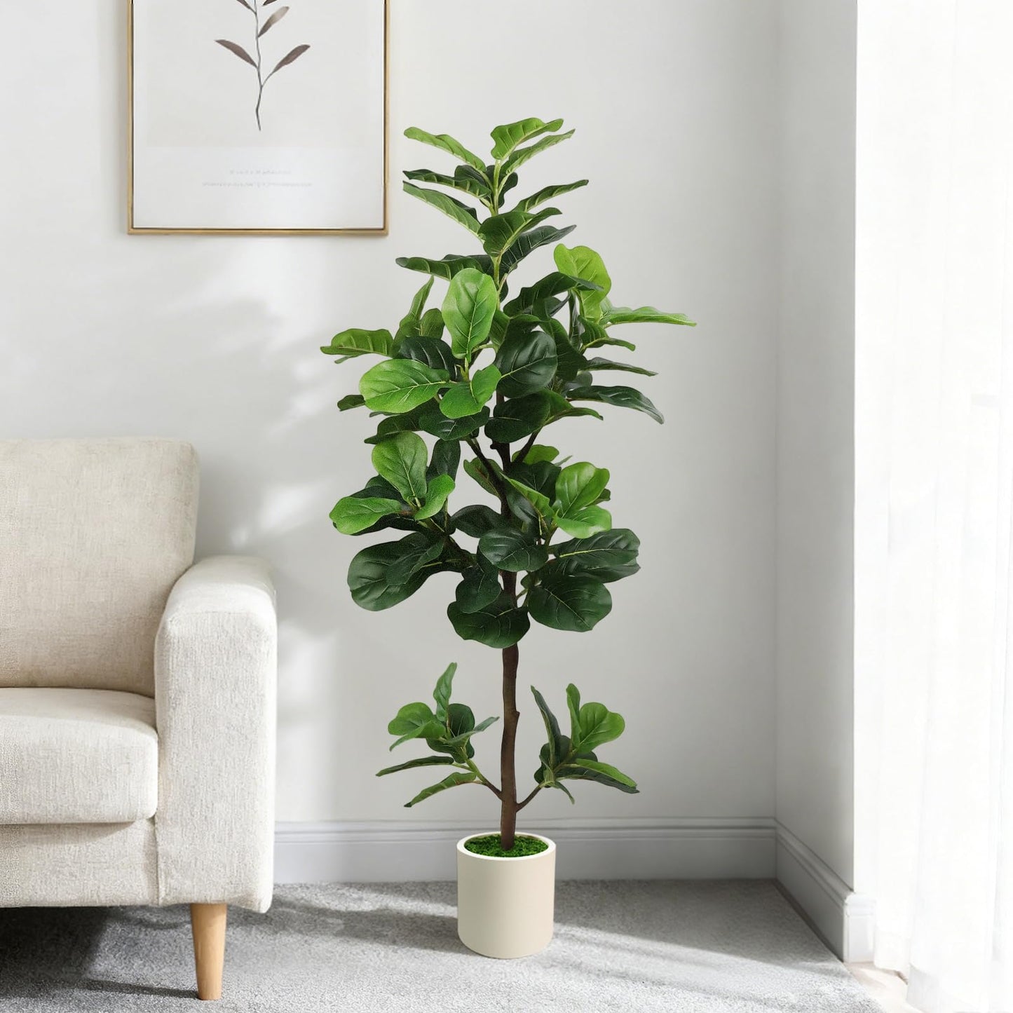 5FT Artificial Fiddle Leaf Fig Tree with White Planter & Fake Moss, Realistic Faux Ficus Lyrata Floor Plant for Indoor Home Office Decor, Housewarming Gift