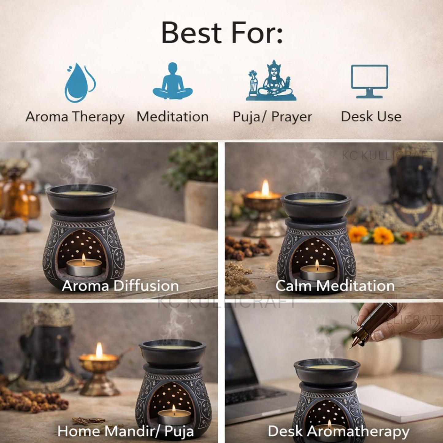 KC KULLICRAFT Handmade Black Soapstone Aroma Oil Burner
