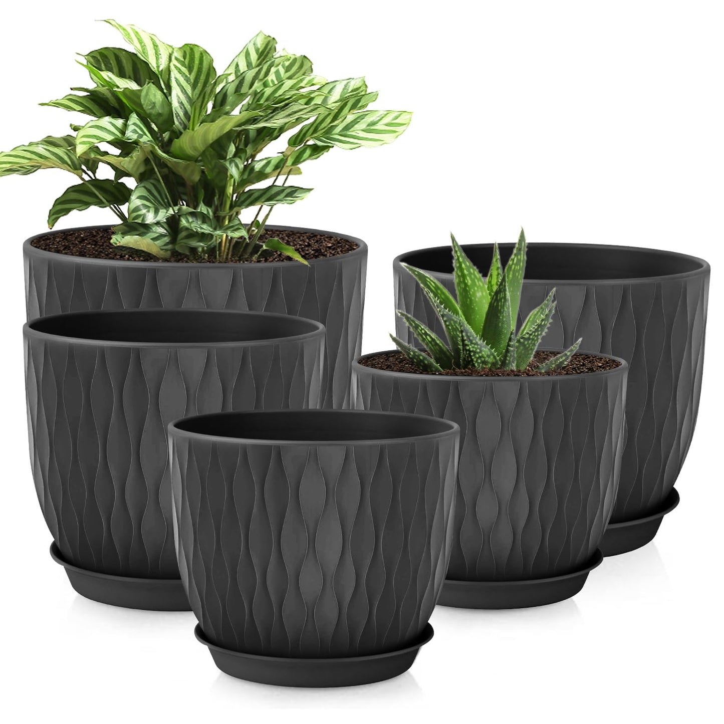 LESOASIS Plastic Plant Pots 10/9/8/7.5/7 inch Set of 5, Flower Planters with Drainage Holes and Saucers, Plastic Pots for Indoor Outdoor Plants, Livingroom Garden Decor (Black)