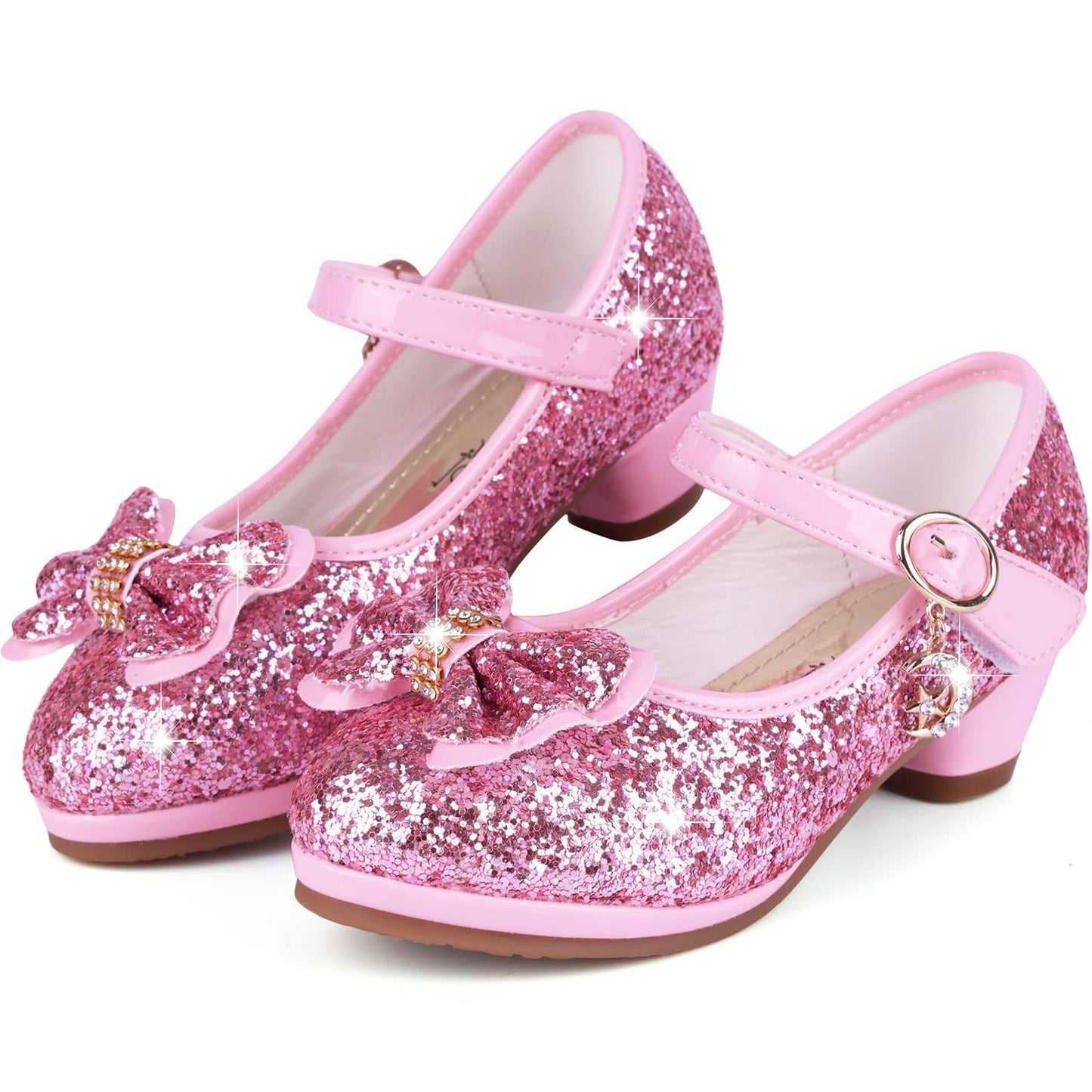 KUWIBY Girl Sandals Glitter Princess Shoes Sequin Party Shoes Bling Bowknot High Heels Wedding Birthday Dress Comfort Bright Diamond Cosplay Dance for Little Girls Christmas Pink