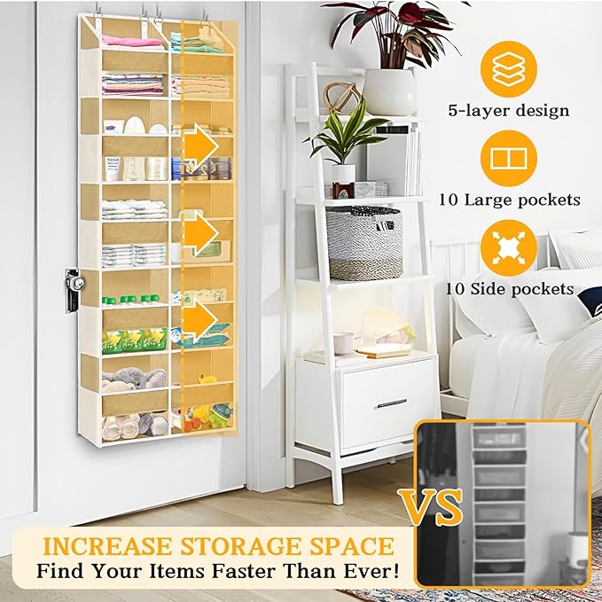 Over the Door Organizer 5 Tiers, Extra Large Behind Door Storage of 10