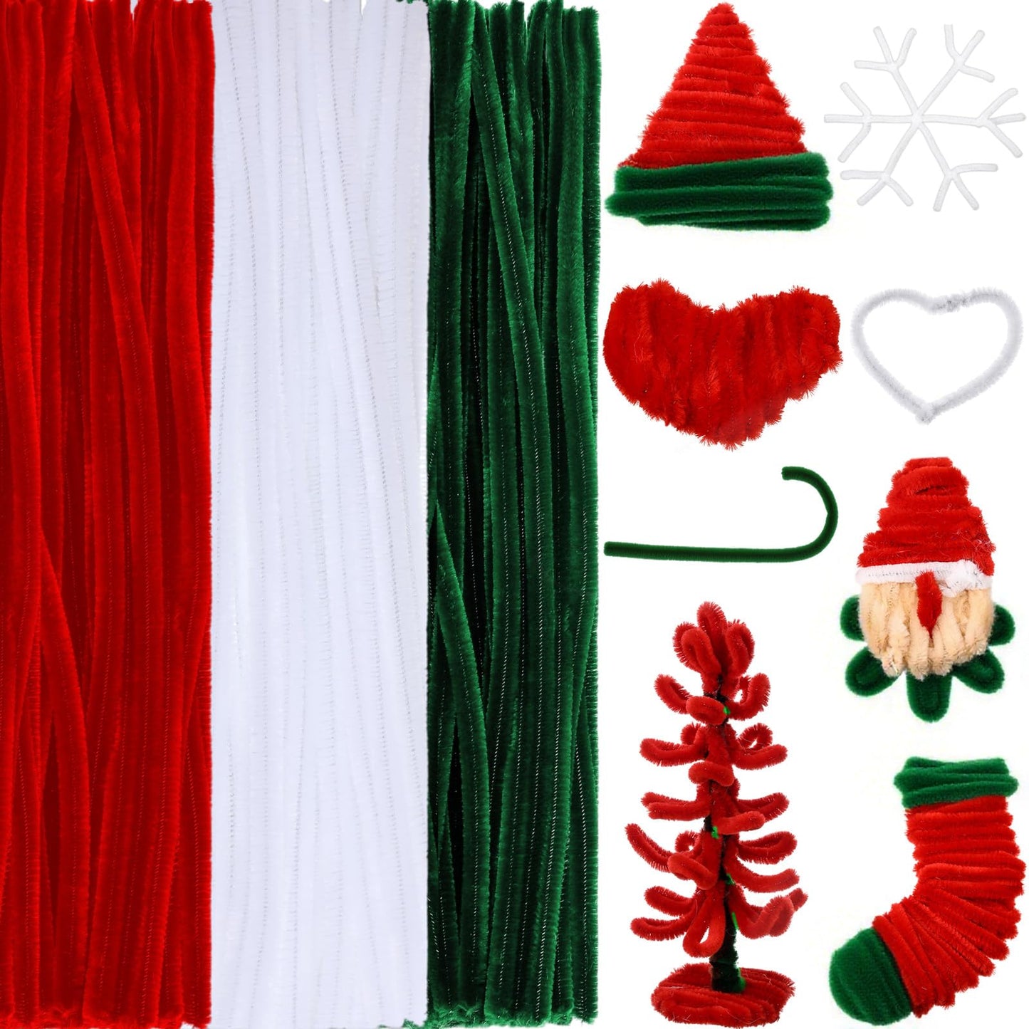 RoundFunny 150 Pcs 39 Inches Extra Long Christmas Pipe Cleaners Crafts, 6mm Fuzzy Green Red White Chenille Stems Bulk for DIY Art Projects Flower Creative Supplies Xmas Party Decorations
