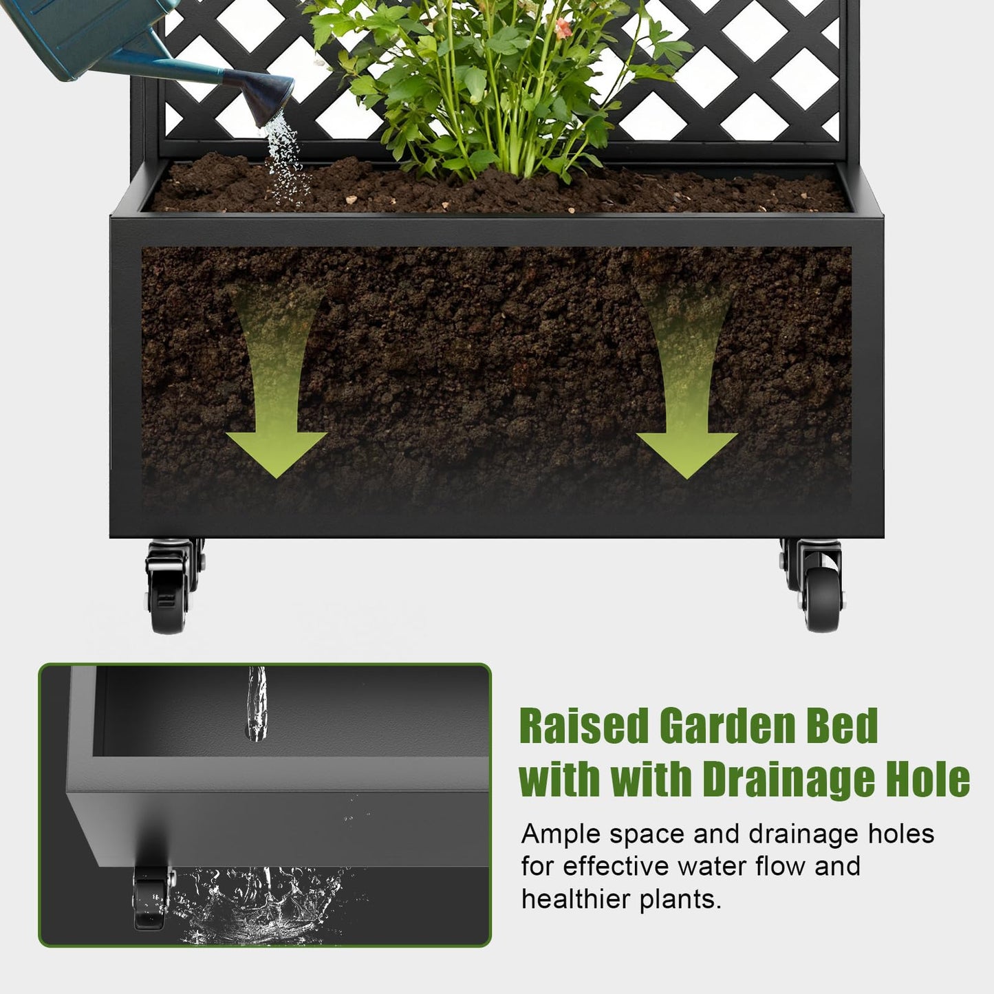 72" Metal Planter Box with Trellis Outdoor and Wheels,Planter with Trellis Privacy Screen, Raised Garden Bed with Trellis and Drainage Holes for Climbing Plants, Vegetables, Vines