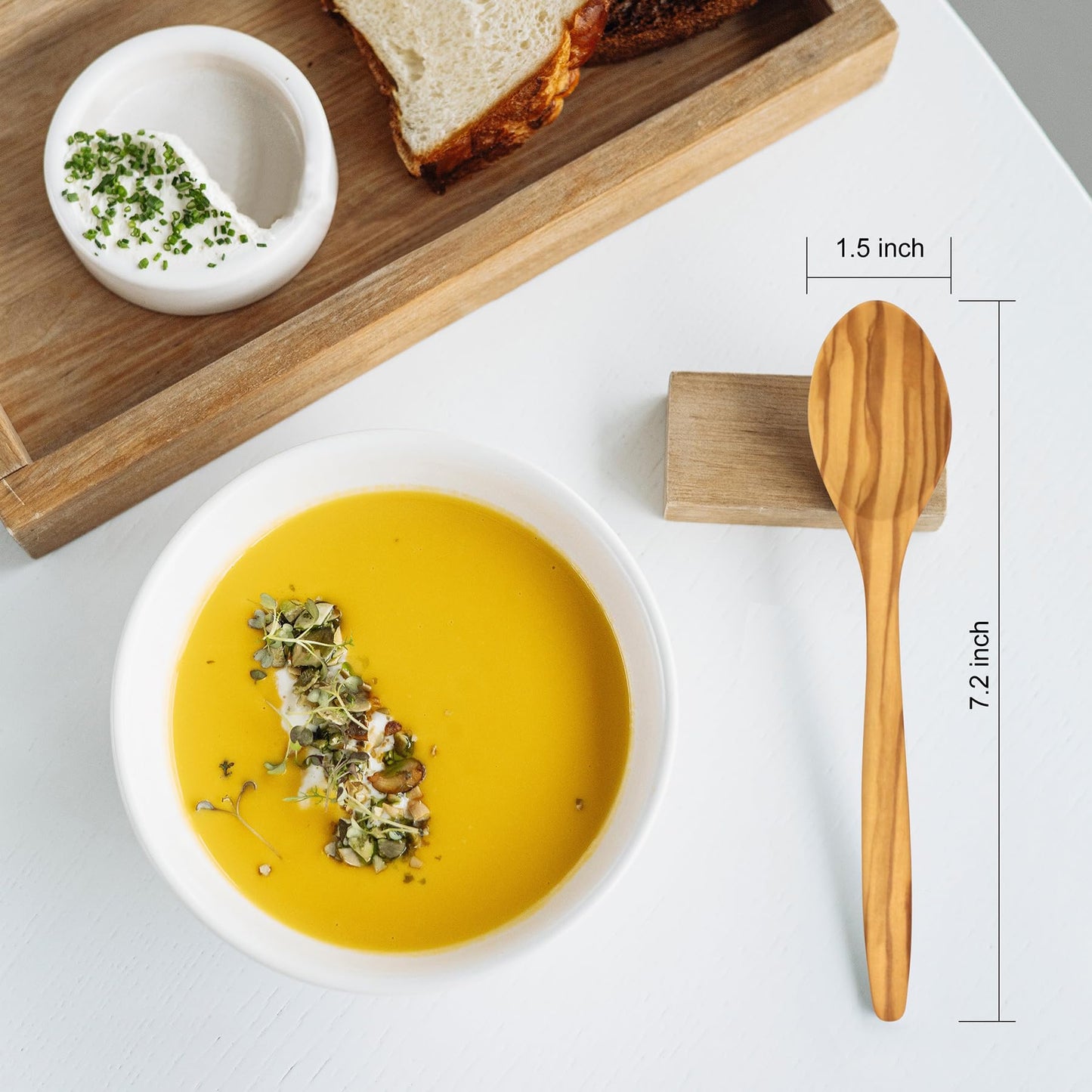 WONDERFUL 100% Olive Wood Spoon, 7 Inch Wooden Spoons for Eating, Perfect for Mustard/Sugar/Salt/Soup/Honey/Tea/Coffee/Dessert, Safe & non-toxic Spoons for Kids (Spoon: 4 pcs)