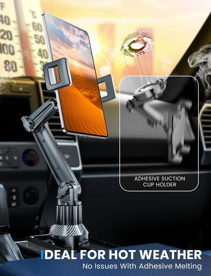 eSamcore Tablet Holder for Car, for iPad Cup Holder Car Mount with 1.57" Depth Large Clamp 15" Height Adjustable Tab Mount Holder for 6"-12.9" Cell Phone iPhone iPad Stand Travel Accessories