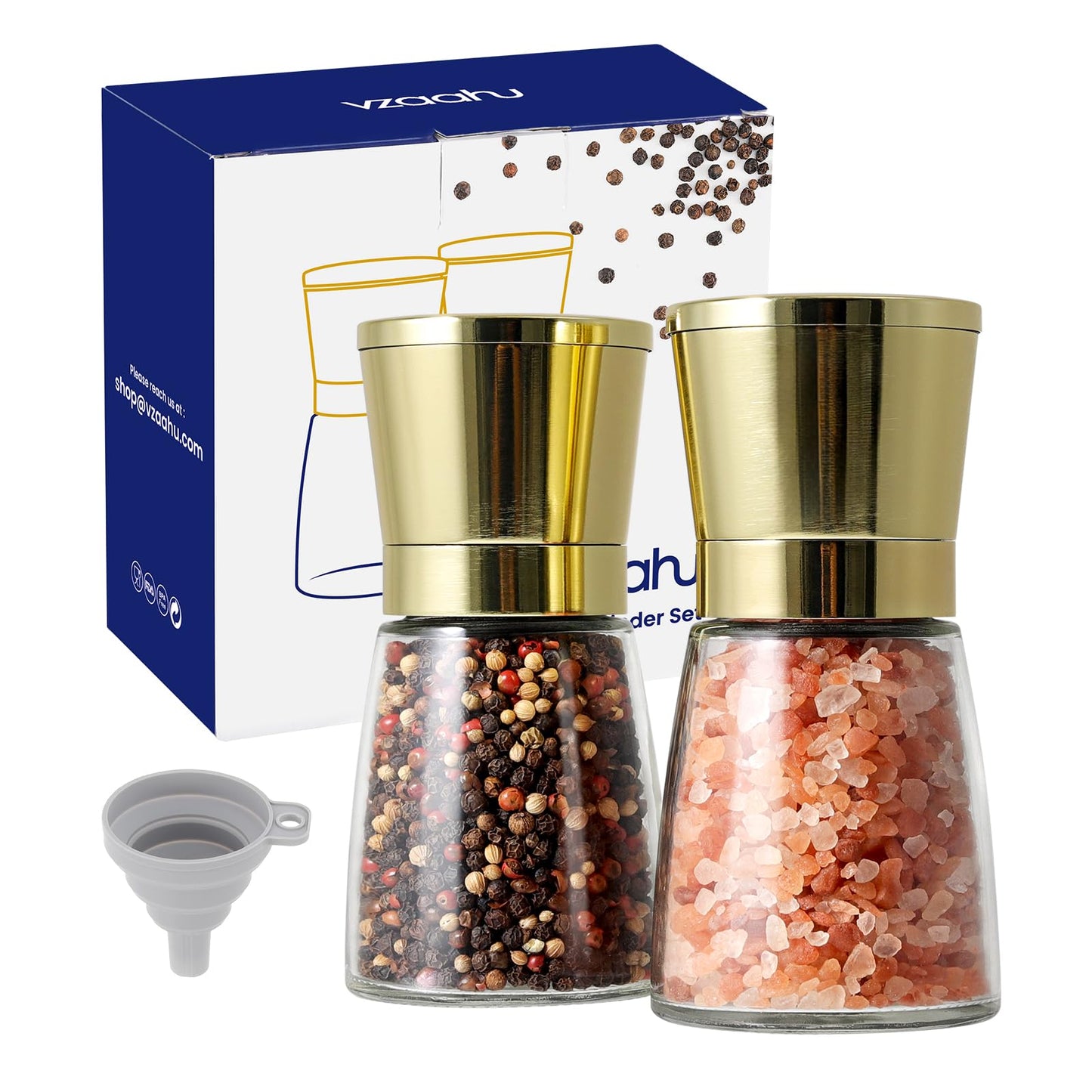 vzaahu Golden Salt and Pepper Grinders with Funnel, Brush - Adjustable Coarseness Shiny Gold Cap Seasalt Peppermill Set Refillable with Magnetic Lid, for Modern, Kitchen Decoration Gift