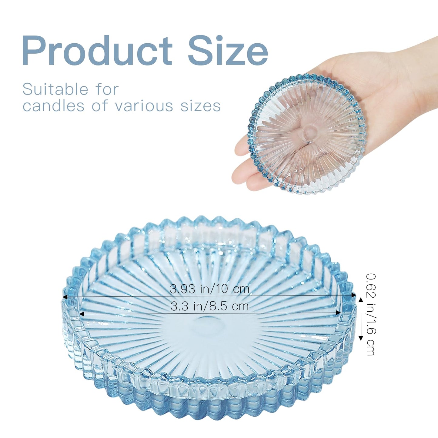 CHOCSTAY Glass Pillar Candle Holder, 4" Blue Candle Plates Set of 3, Glass Candle Holders for Wedding, Party, Holiday, Home Decor, Table Centerpiece