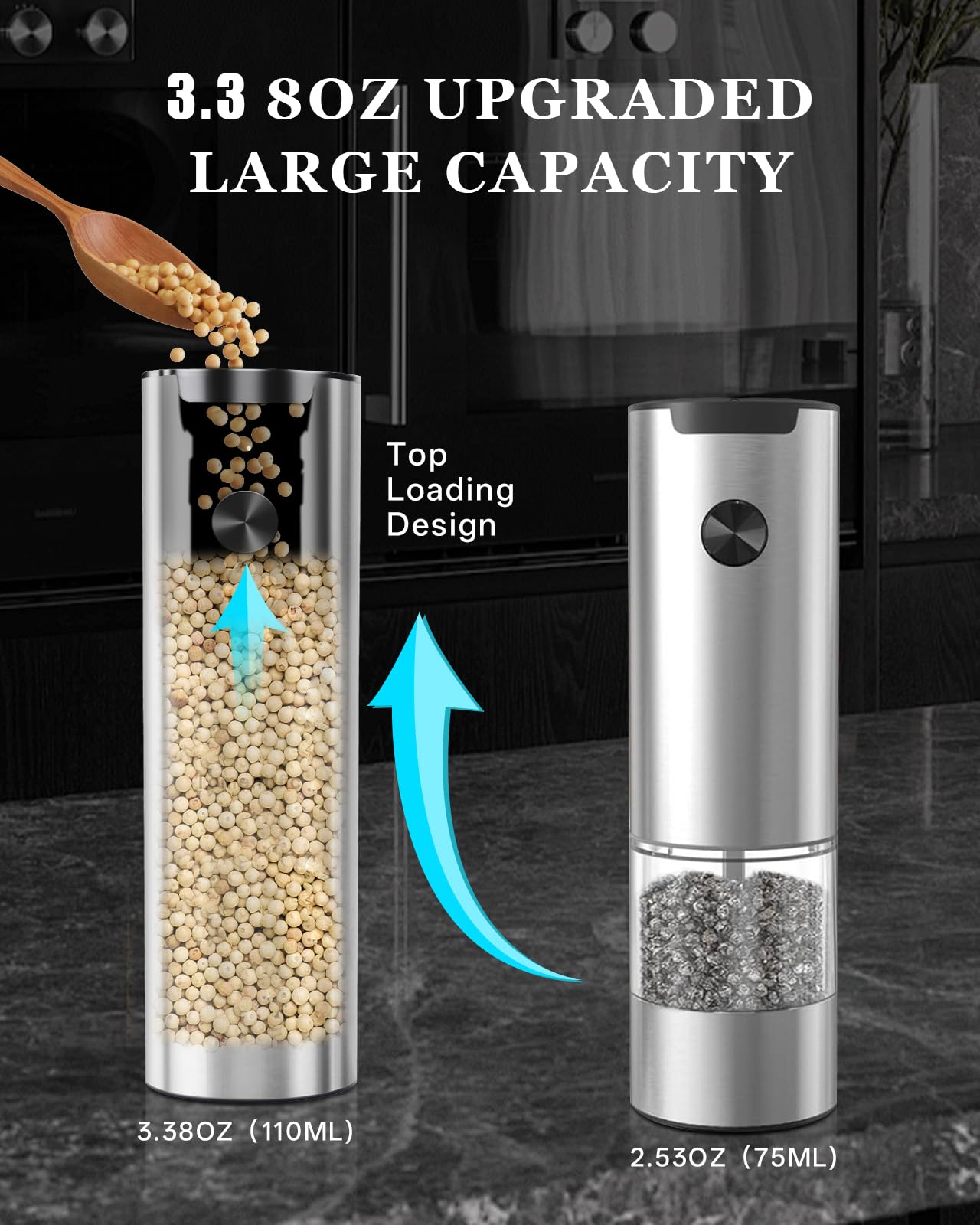 Electric Salt and Pepper Grinder Set with Rechargeable Base - Upgraded Large Capacity, Refillable Pepper Mill Set with LED Light & Adjustable Coarseness, Ideal for Kitchen, Outdoor (Polished Silver)