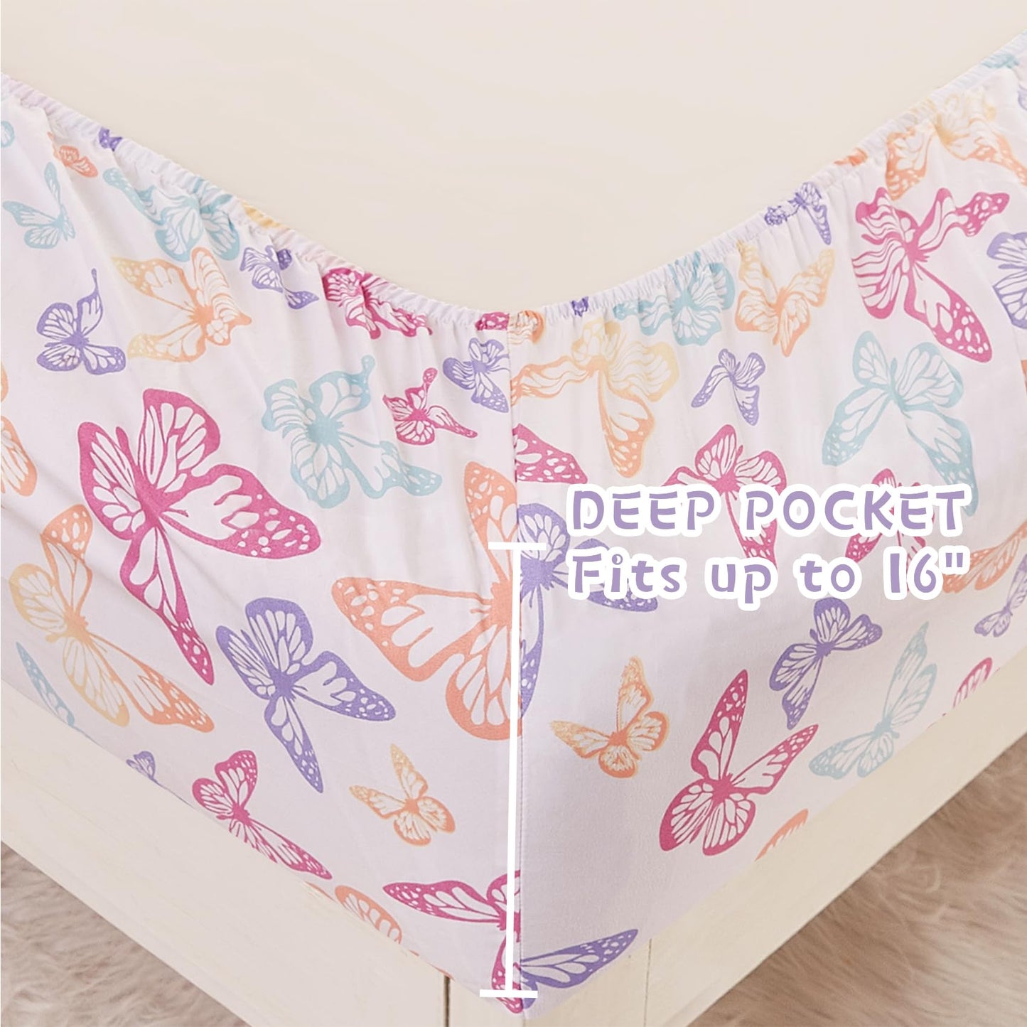 Yibeizi Butterfly Twin Sheets Set for Girls, Kids Cute Bedsheets Microfiber Deep Pocket Bed Sheet & Pillowcase Sets 3 Pieces