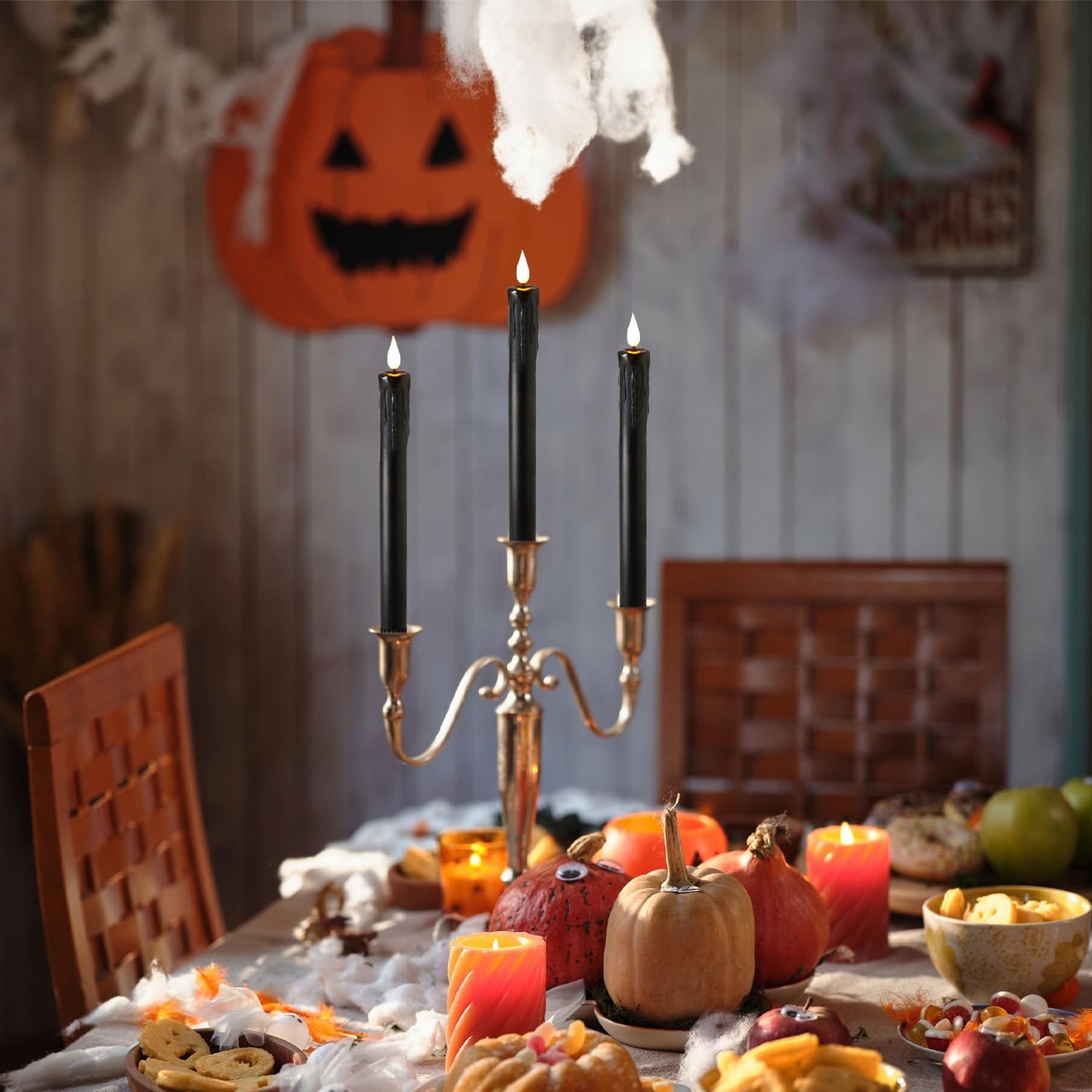 Velsyn Black Flameless Taper Candles with Remote and Timer - 9.65 Inch Real Wax LED Candlesticks - Wax Drip Battery Operated Halloween Taper Candles with 3D Flickering Flame Halloween Decor, 6 Pack