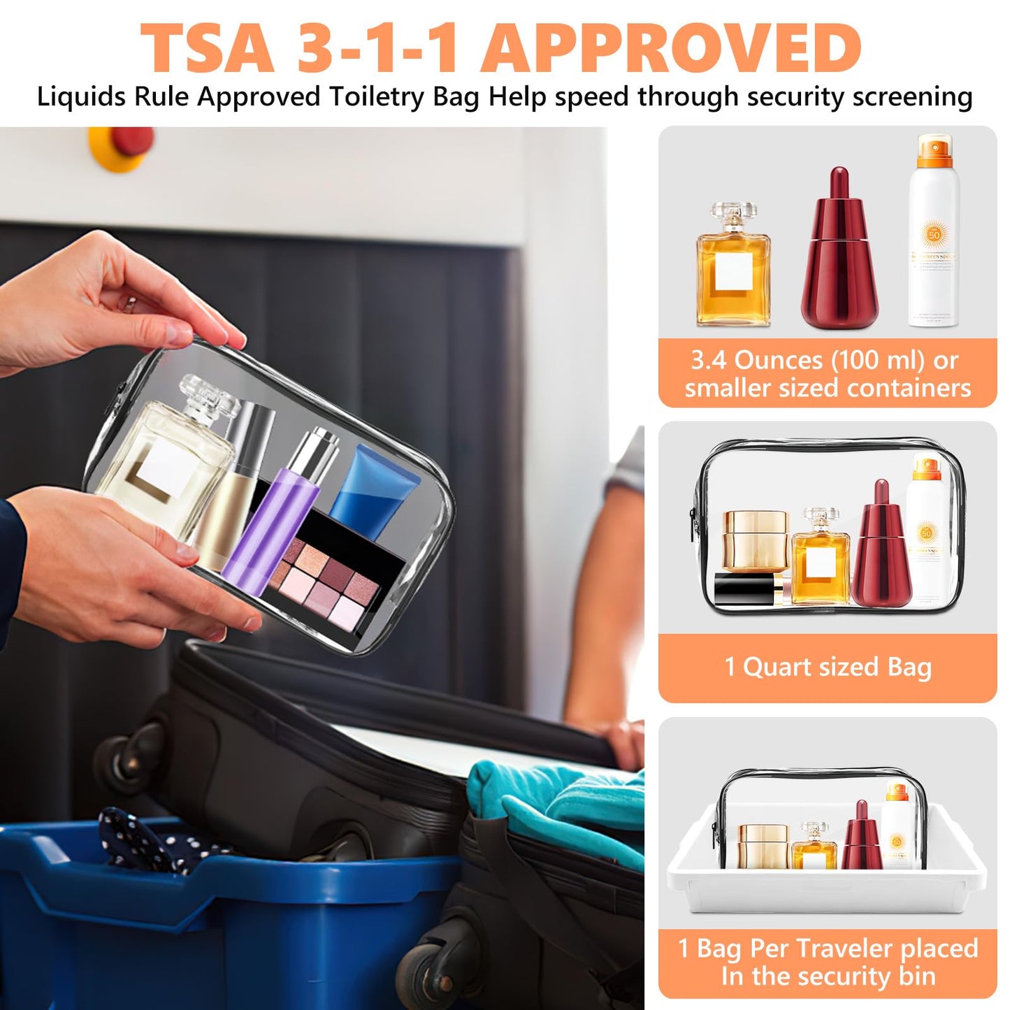 AURUZA 4 Pack Clear Toiletry Bag, Portable Travel Makeup Pouch with Zipper, TSA Approved Organizer, PVC Cosmetic for Airport Airline Compliant