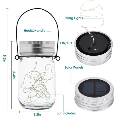 GIGALUMI Hanging Solar Mason Jar Lights, 6 Pack 30 Led Solar Lanterns Outdoor Hanging Lanterns, 6 Hangers and Jars Included. Great Outdoor Lawn Decorate for Patio Garden, Yard and Lawn