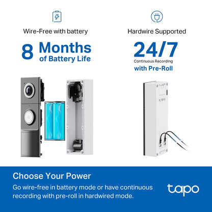 TP-Link Tapo Smart Video Doorbell Camera with Chime, Battery or Wired, 2K QHD Color Night Vison, No Monthly Fee, 180° Ultra-Wide Head-to-Toe View, Ring Call, Free AI Detection, Local Storage (D225)