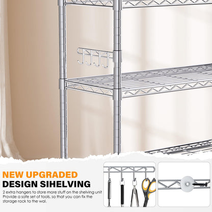 YNN Storage Shelves,1750Lbs 5 Tier Heavy Duty Metal Rolling Shelving Unit with Wheels & 8 Hooks, Adjustable Garage Wire Rack for Kitchen, Bathroom,Industrial,Pantry(36" W x 14" D x 72" H, Chrome)