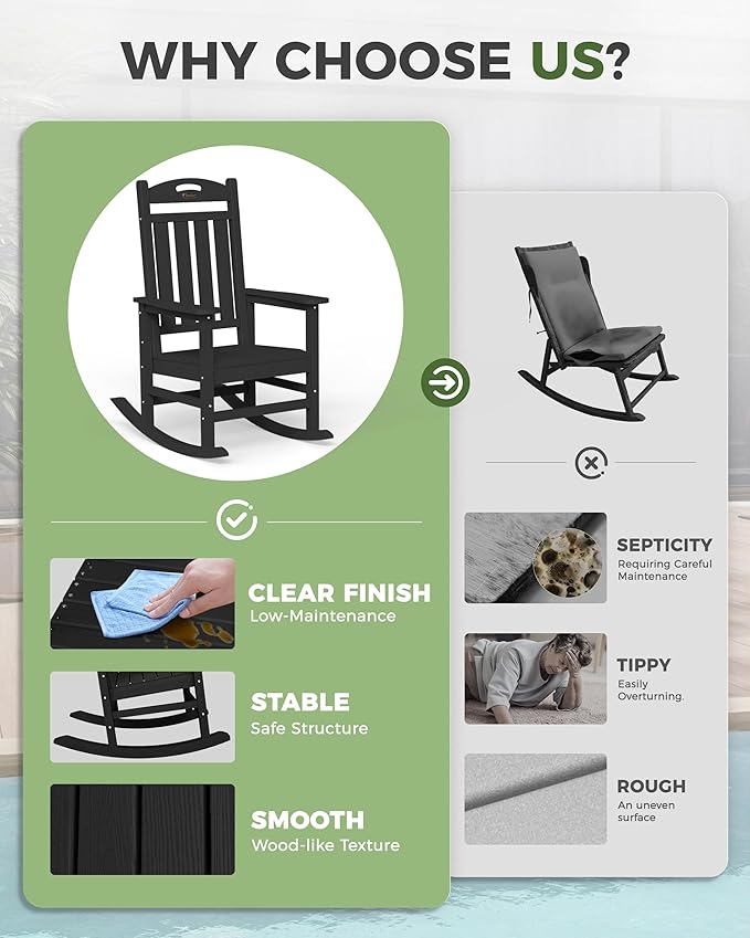 Oversized Outdoor Rocking Chairs Set of 2, High Back Porch Rocking Chair, HDPE All Weather Resistant Rocking Chairs for Patio, 380lbs Weight Capacity, Black