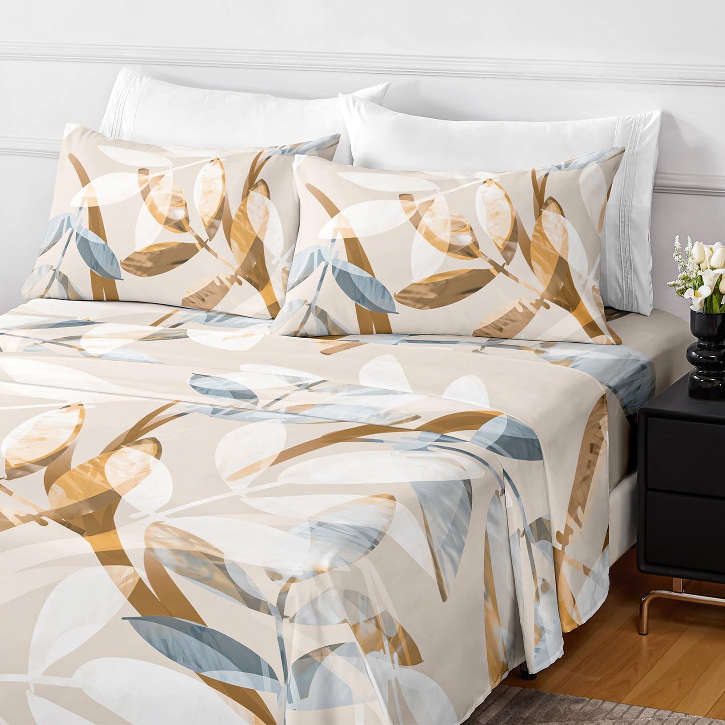 HCORA Floral Queen Sheet Set, Luxury 1800TC Hotel Quality Double Brushed Microfiber Deep Pocket Bed Sheets, Ultra Soft, Breathable and Cooling, 4PC, Queen Size