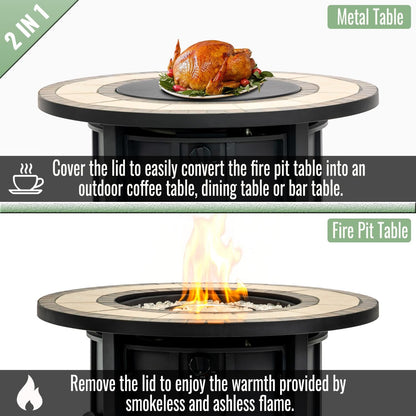 30" Propane Gas Fire Pit Table, 50000 BTU Round Outdoor Fire Pit with Mosaic Ceramic Tabletop, Steel Patio Fire Table with Lid & Rain Cover for Backyard Deck Garden, Black
