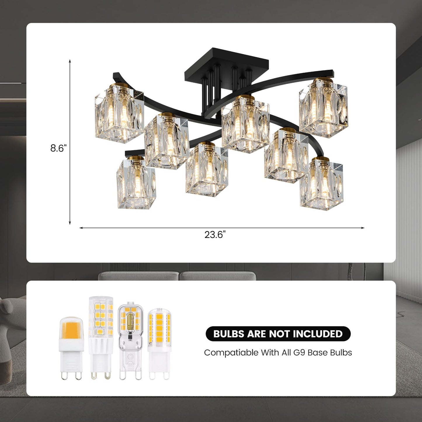 LIXDRASK Crystal Semi Flush Mount Ceiling Light with 8-Lights Black Sputnik Ceiling Light Fixture Modern Chandeliers for Dining Room Living Room Kitchen Island Bedroom Hallway