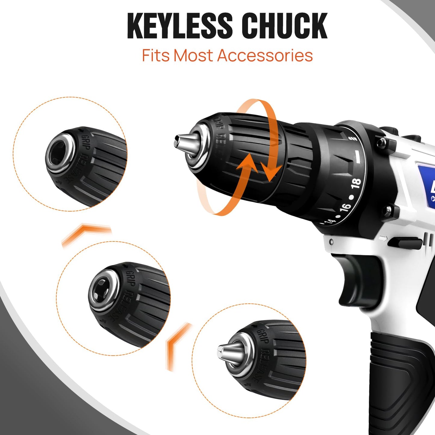 Mini Cordless Drill Driver Kit w/One Battery, 12V Electric Screwdriver Driver Tool Kit with LED Work Light, Max Torque 45 N.m, 3/8 Inch Keyless Chuck, 18+1 Position, Dual Speed 0-400/1400rpm