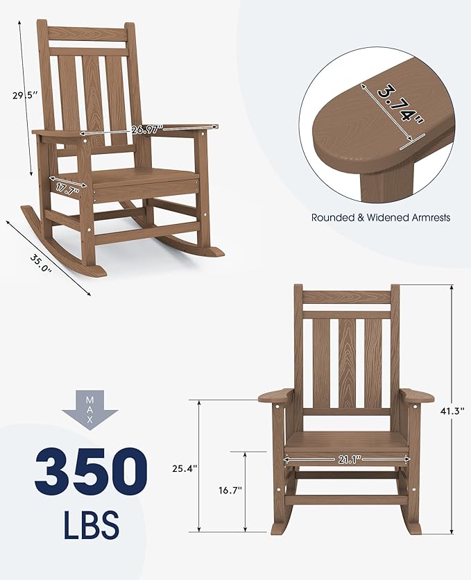 KINGYES Oversized Outdoor Rocking Chair, All-Weather Patio Rocking Chairs for Porch, HDPE Outdoor Patio Rockers with High Back & Wide Seat for Garden, Lawn, Brown