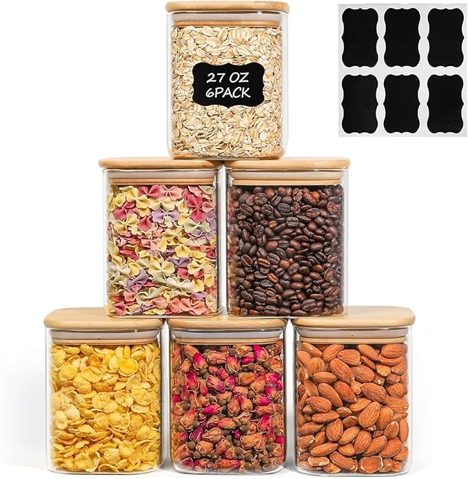 ComSaf 0.8 Qt Glass Food Storage Jars Set of 6, Pantry Organization Jar