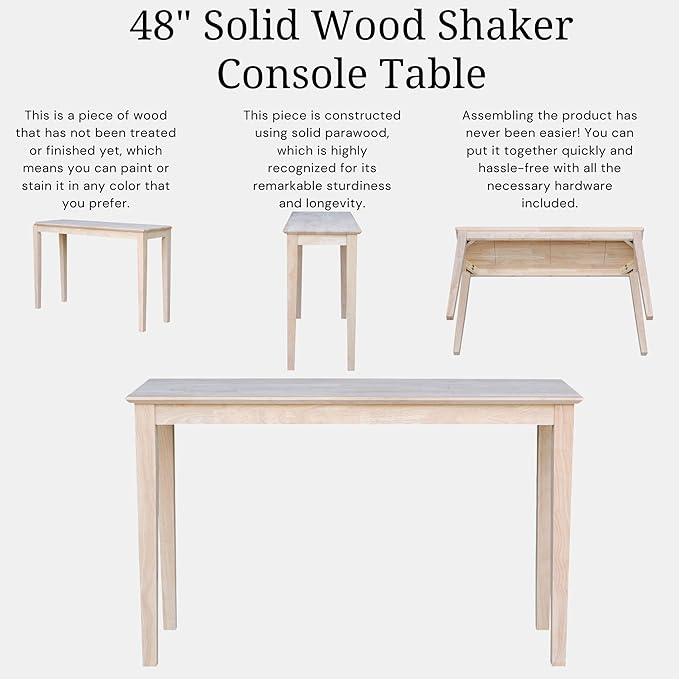 International Concepts Shaker Console Table, 48-Inch Long, Solid Parawood