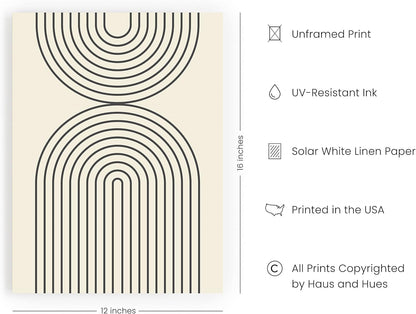 HAUS AND HUES Neutral Wall Art Prints for Wall Decor - Boho Art Wall Prints Modern, Abstract Geometric Print, Mid Century Art, 12x16 UNFRAMED (Black Semi Circles)
