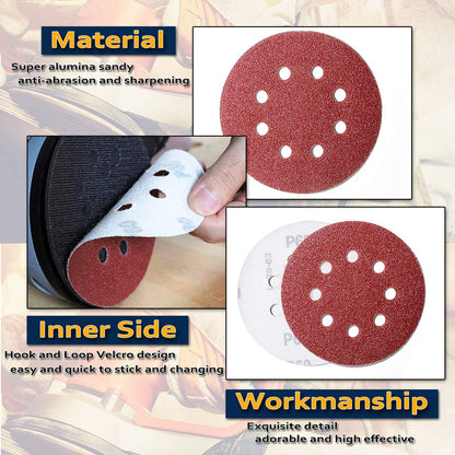 100pcs 125mm Sanding Discs, (Hook and Loop 20 x 40/60/80/120/180 Mixed Grit), 8 Hole 5 Inch Round Sanding Discs Pads for Random Orbital Sander by AniSqui