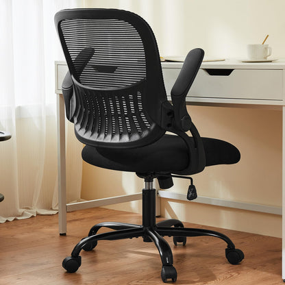 Sweetcrispy Office Computer Desk Chair, Ergonomic Mid-Back Mesh Rolling Work Swivel Task Chairs with Wheels, Comfortable Lumbar Support, Comfy Flip-up Arms for Home, Bedroom, Study, Student, Black