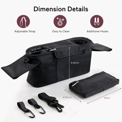 Momcozy Baby Pushchair Organiser, 3 Insulated Cup Holder，Detachable Zippered Pocket, Adjustable Shoulder Strap, Large Capacity for Baby Essentials, Compact Design Fits Any Pram Handlebar