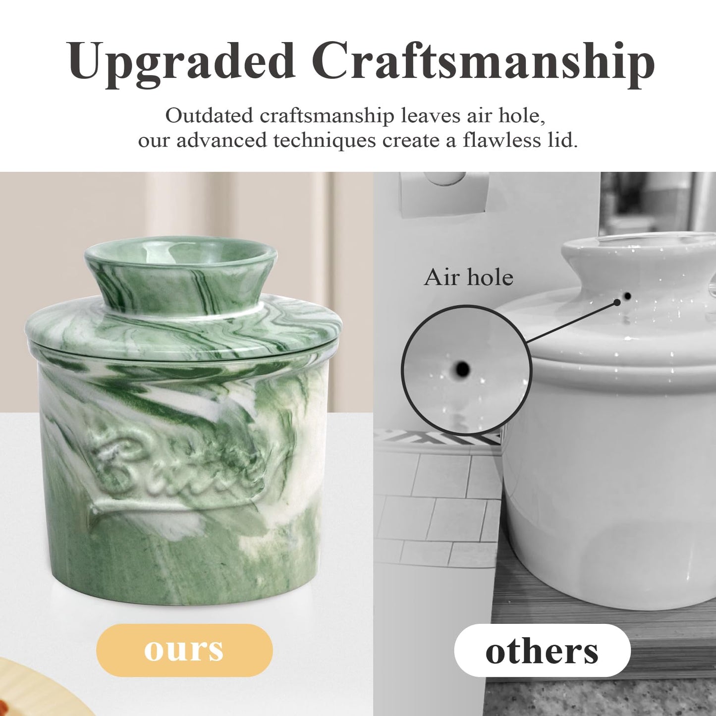 MSJGA Ceramic Butter Crock with Lid & Spreader Knife, Butter Keeper - Ideal Butter Storage & Countertop Butter Dish (Marble Green with Marble Green Knife, M)