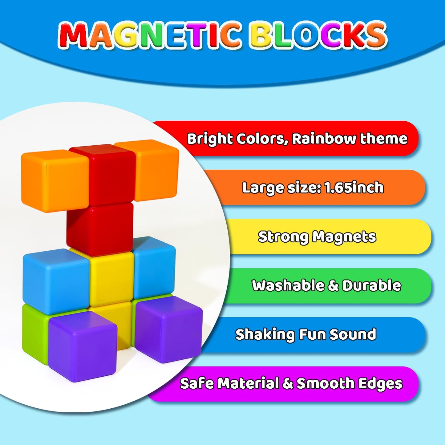 Magnetic Building Blocks Large, 1.65 inch Magnetic Stacking Cubes for Toddlers, Sensory & Montessori Toys for Boys & Girls 1 2 3 Years Old (12 PCS)