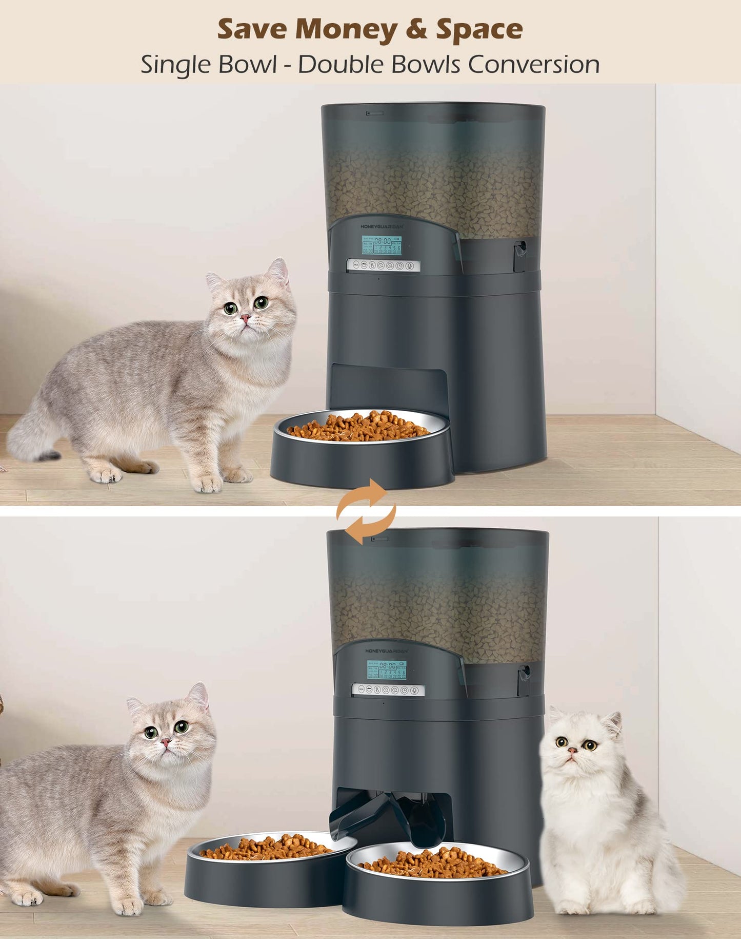 HoneyGuaridan 6.5L Automatic Cat Feeder, 2.4G Wi-Fi Smart Pet Feeder with APP Control, Desiccant Bag, Voice Recorder and Dual Power Supply, Up to 6 Meals Per Day for Cats & Small/Medium Dogs (Blue)