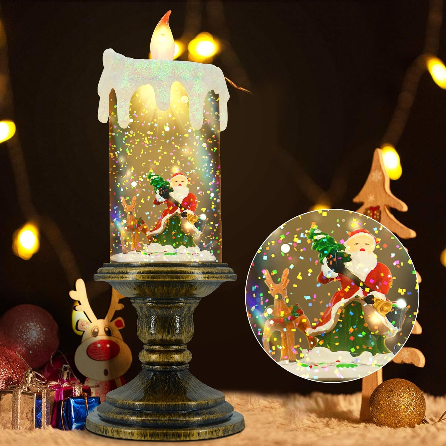 AOMIL Christmas Flameless Candles, Flickering Flameless Candles with Timer, Christmas LED Candles Battery Operated, Snow Globe Candle Light for Christmas Decorations