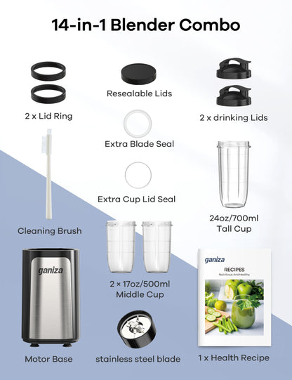Ganiza Blender for Smoothies, 14Pcs Personal Blender for Shake and Smoothies for Kitchen with 3 Portable Cups (1x24oz & 2X17oz), Single Serve Smoothie Maker, Nutritious Recipe