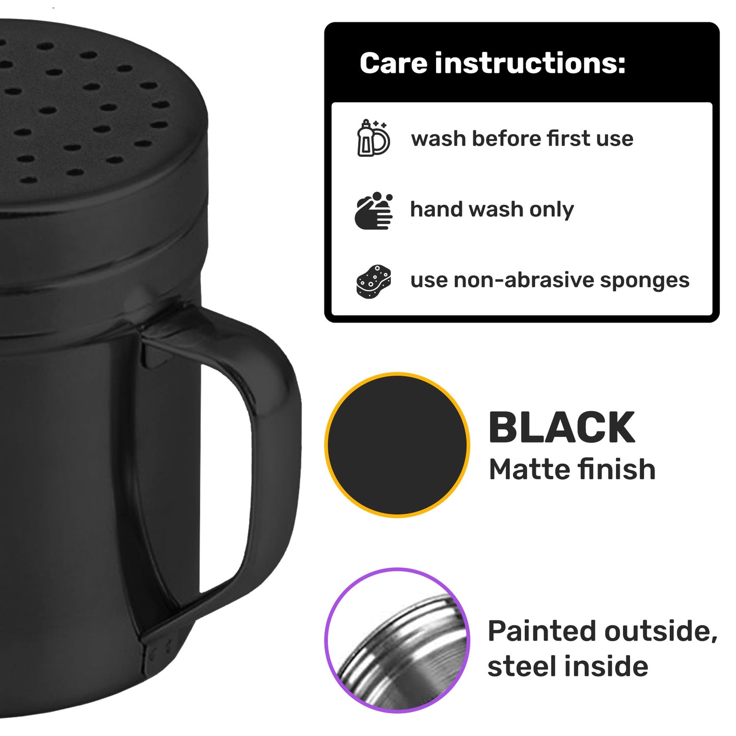 CUSINIUM 10oz Black Stainless Steel Salt Pepper Dredge Shakers - With Plastic Cap - With Handle - Pack of 2
