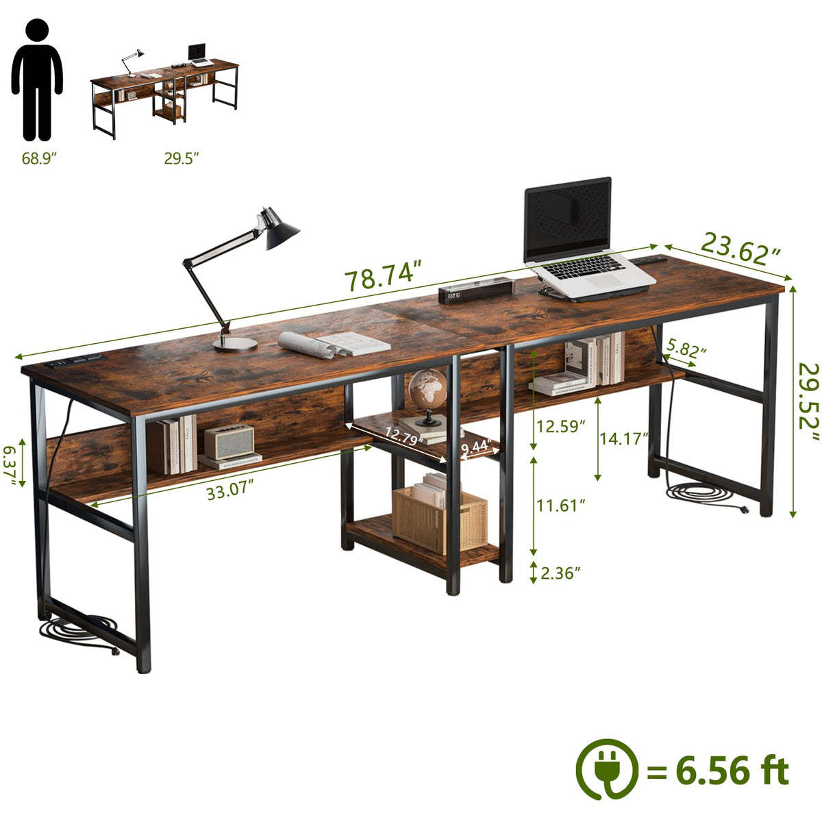 Ytaoka 78.74" Two Person Desk with 2 Power Strips, Double Desk with Shelves, Long Computer Desk for Two People, Wood Writing Desk Workstation for Home Office, 23.62"D x 78.74"W x 29.52"H, Rustic Brown