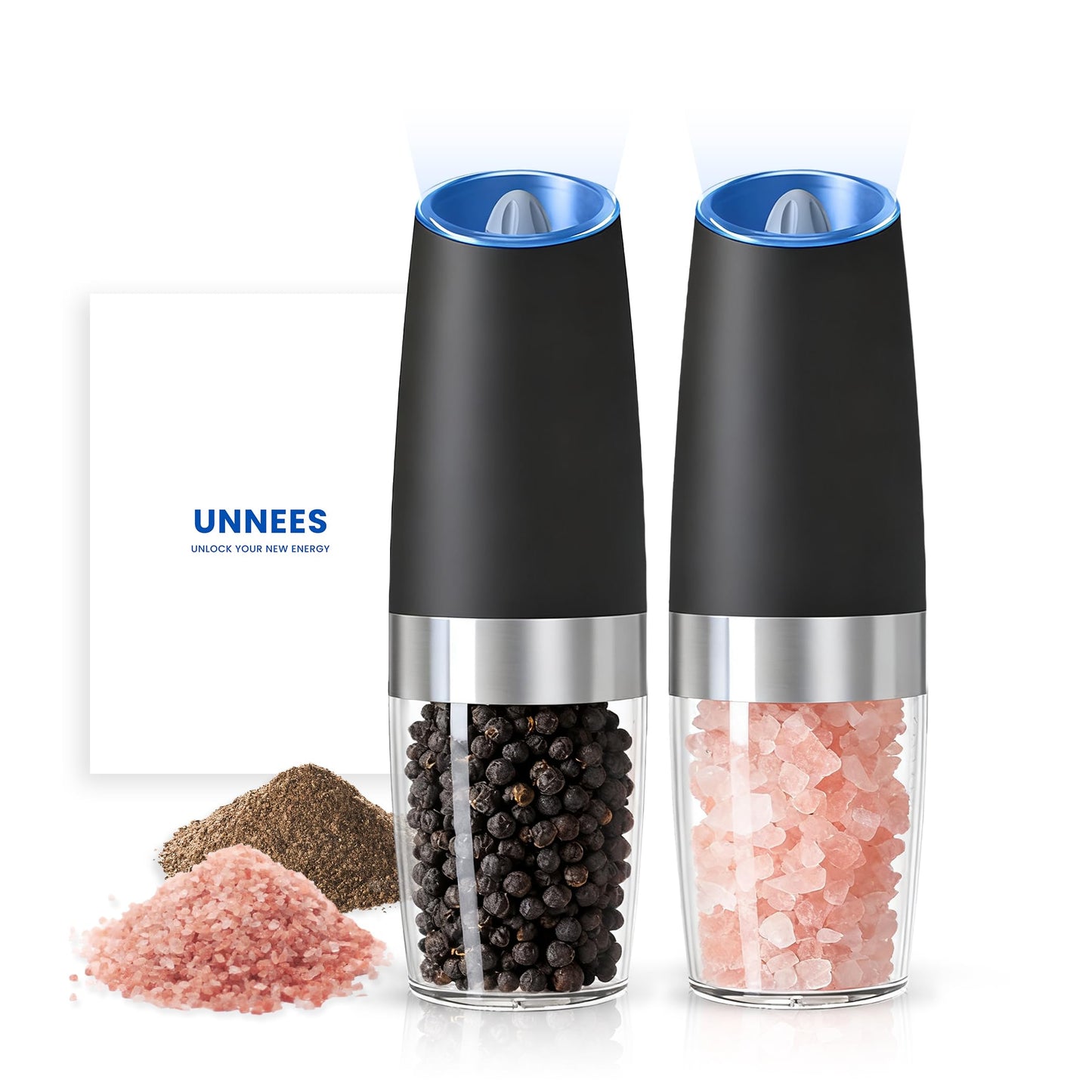 UNNEES Battery Operated Gravity Electric Salt and Pepper Grinder Set, Automatic Salt and Pepper Grinder Set, Adjustable Roughness,12 Batteries Required, LED Light, 2 Pack, (Black)