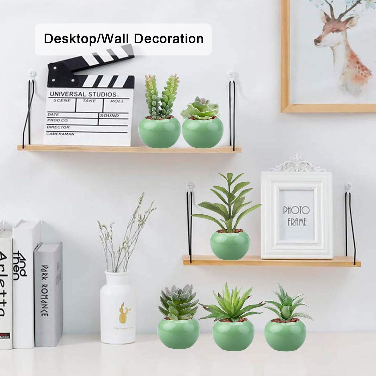 GREENTIME 6 Pcs Artificial Succulent Plants Bulk in Mini Ceramic Pots Small Fake Succulent Plant Faux Indoor Decor Bedroom Desk Bathroom Office Living Room Table Shelf Home Decoration (Green)